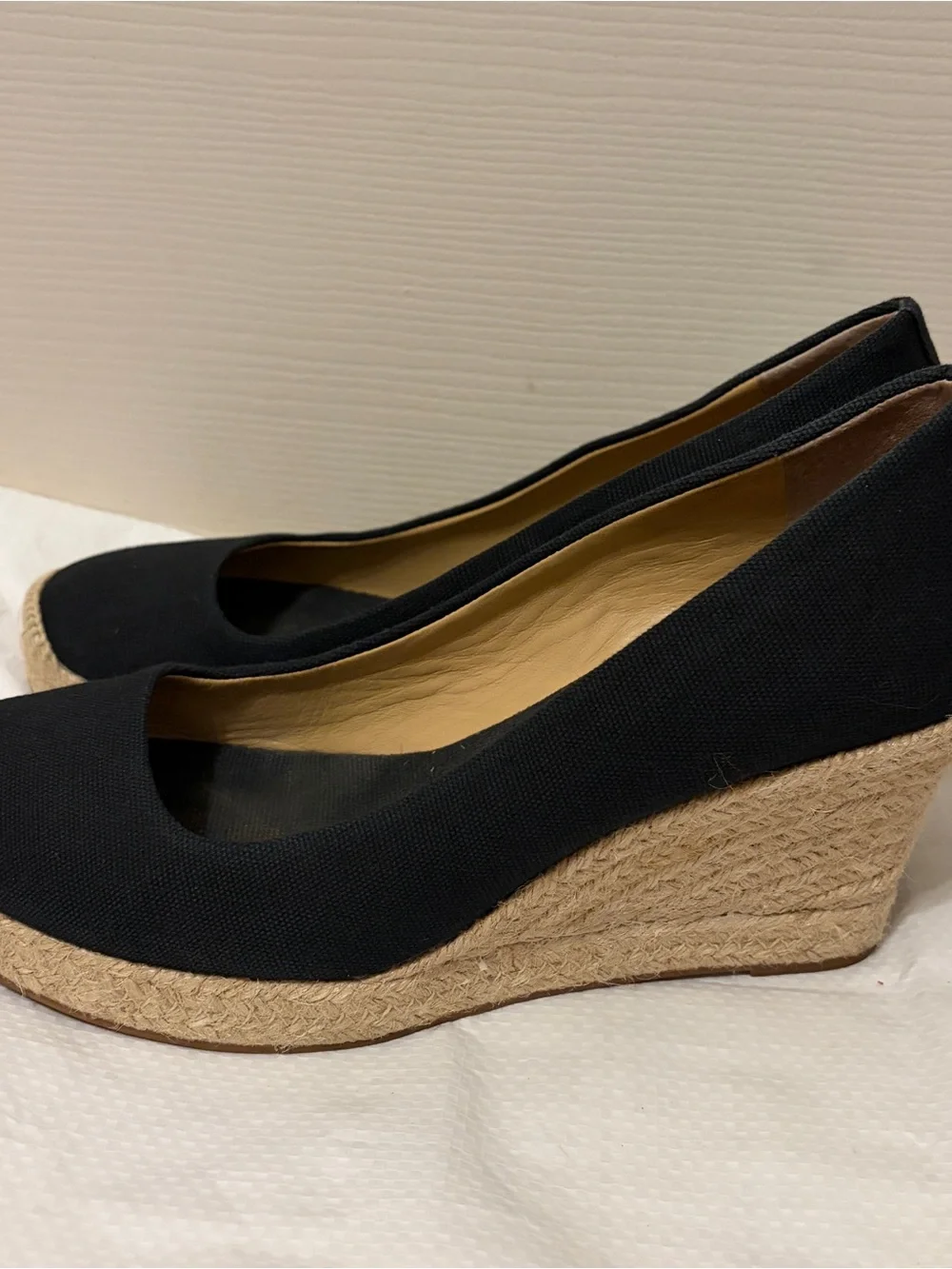 J. Crew Black Canvas Espadrille Wedge Pumps with Jute Trim